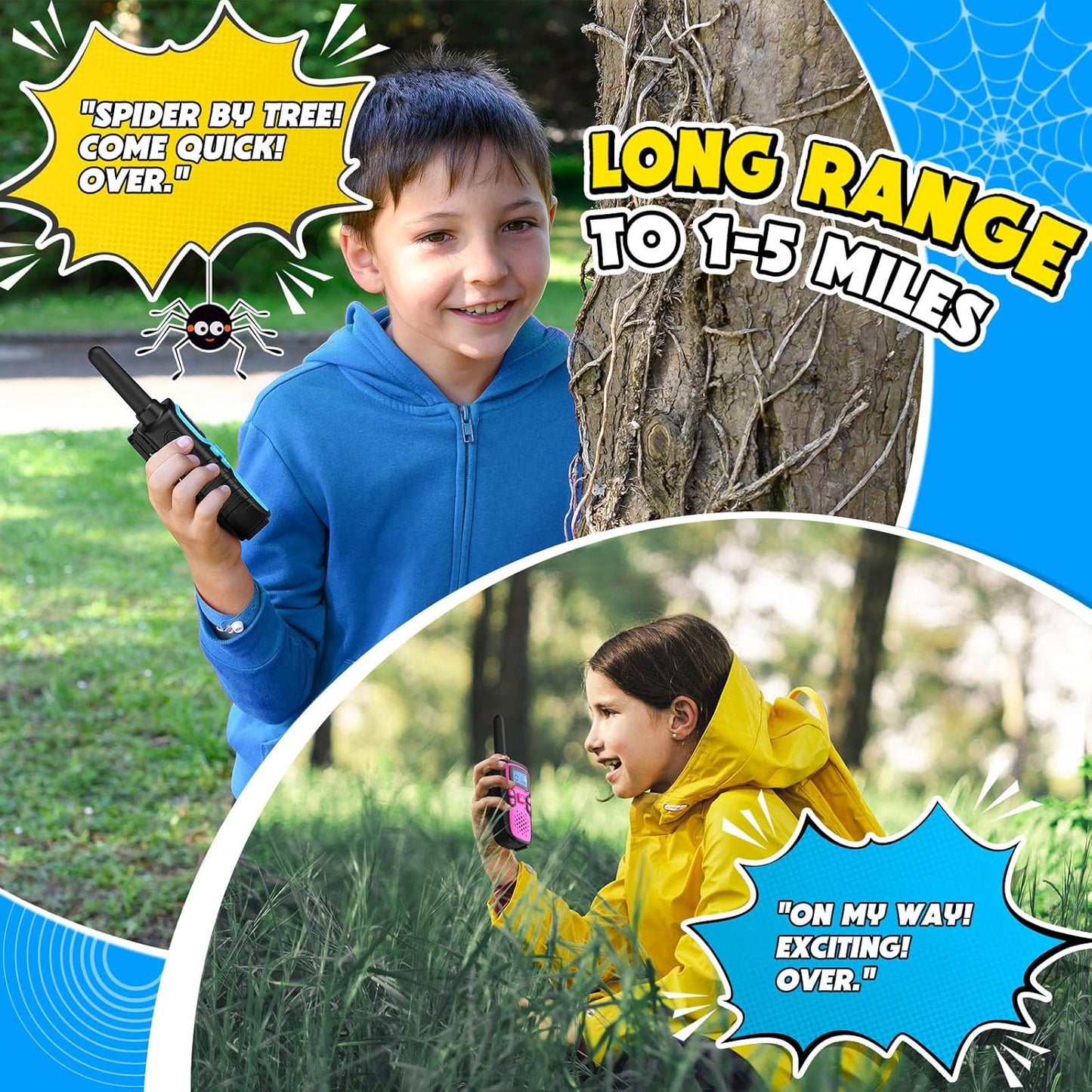 Wishouse Walkie Talkies for Kids Rechargeable Long Range,Xmas Birthday Gift for 4 5 6 7 8 9 Year Old Boys Girls,Hiking Gear Camping Games Cool Toys with NOAA,SOS Siren,Lamp,Lanyards,2 Pack Pink Yellow