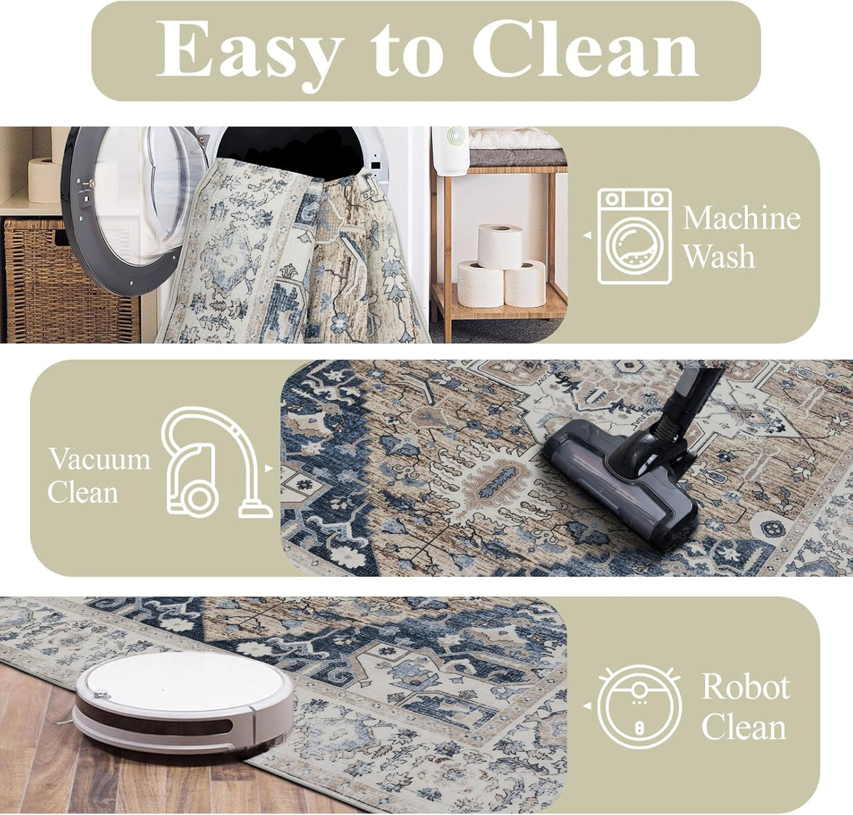Washable Rugs 5x7 Area Rugs for Living Room, Thin Carpet for Bedroom, Soft Faux Wool Retro Dining Room Rug，Non Slip&Non-Shedding Resistant Low Pile Vintage Print Rug for Home Office (Taupe/Blue)