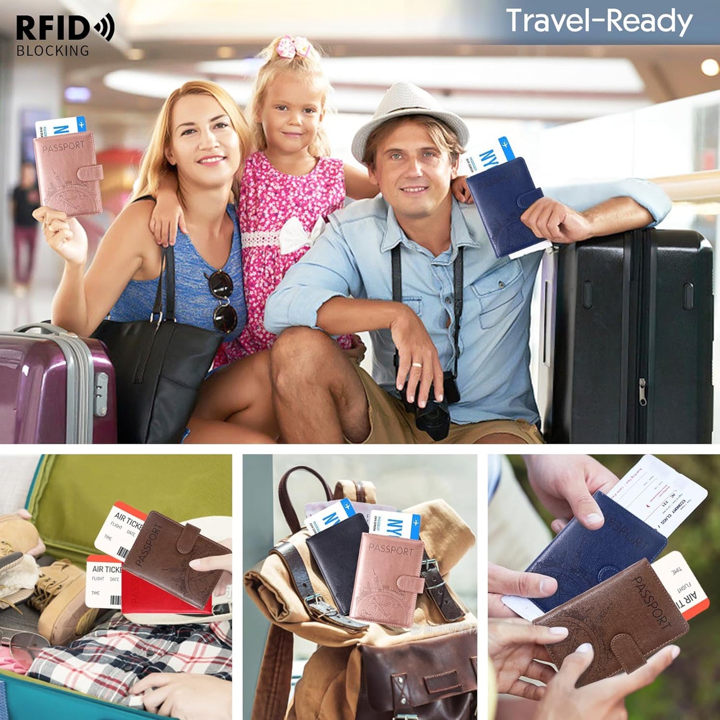 Passport Holder and Card Slot Combo RFID Blocking Leather Family Travel Passport Wallet Travel Accessories for Men Women US Passport Cover Protector (Travel blue)