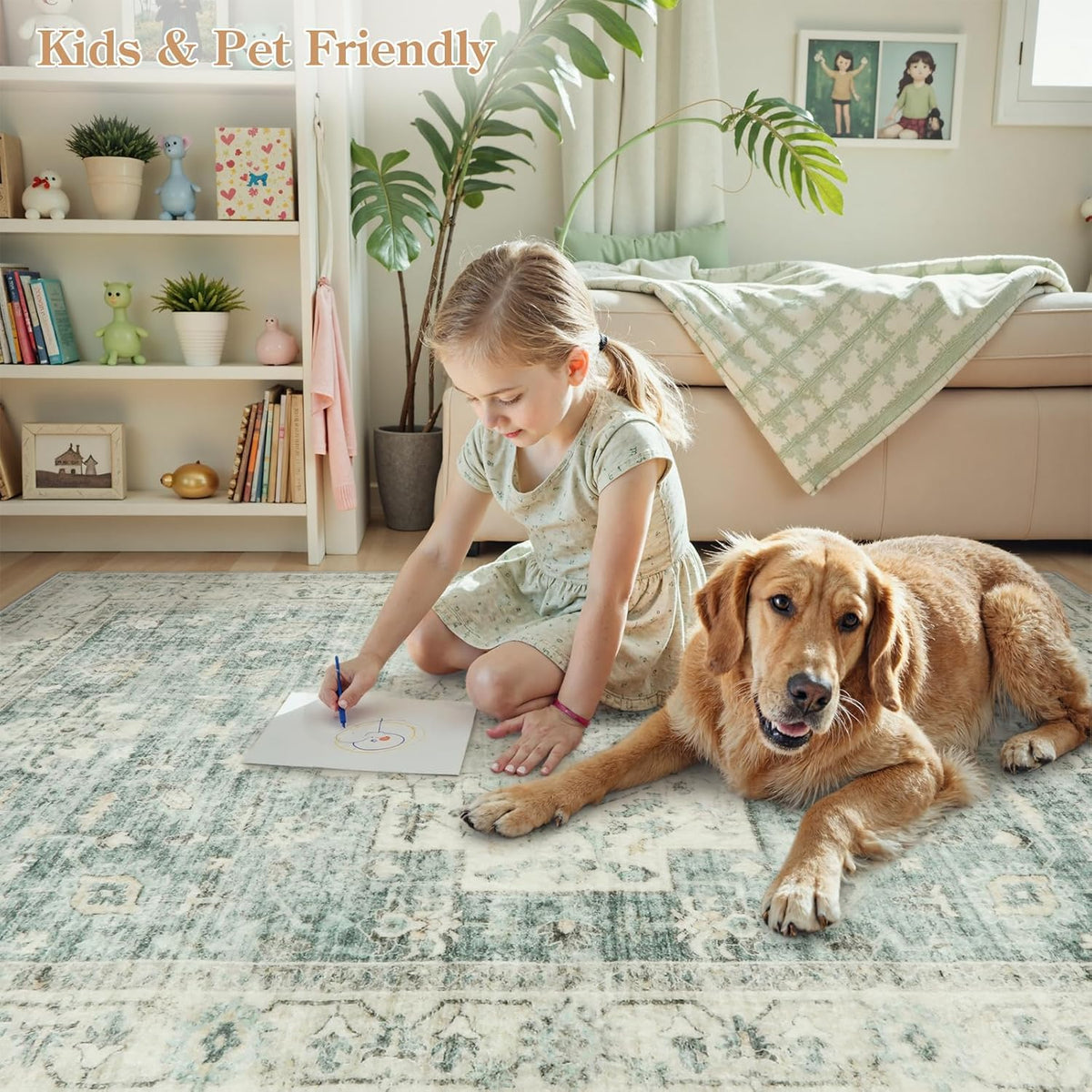 LIVEBOX Washable Area Rug 6x9 Rugs for Living Room Dining Room Under Table, Non-Slip Boho Indoor Carpet for Bedroom, Low-Pile Farmhouse Soft Carpets for Nursery Playroom, Sage Green