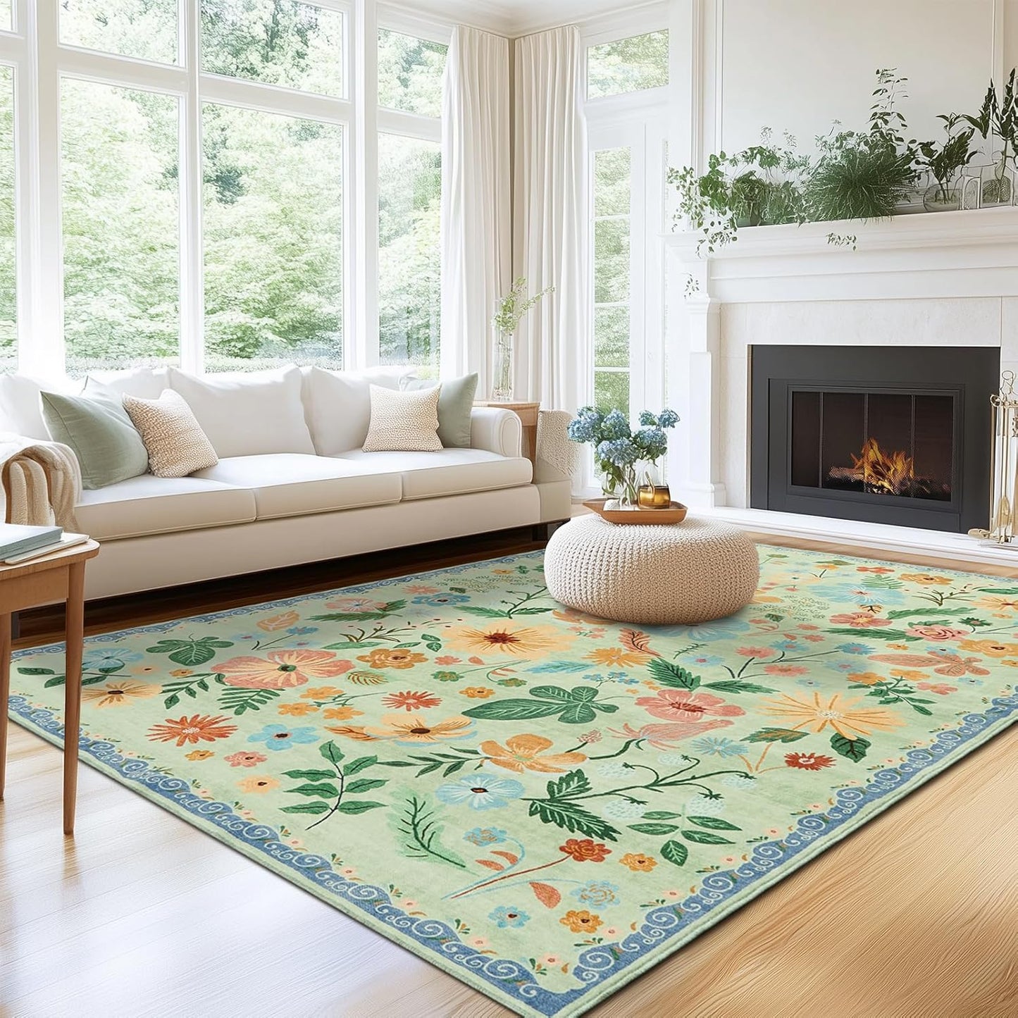 8x10 Area Rugs for Living Room Sage Green Washable Low Pile Non Slip Stain Resistant Large Rugs Boho Vintage Floral for Bedroom Dining Room Family Room Nursery Dorm Spring Home Decor