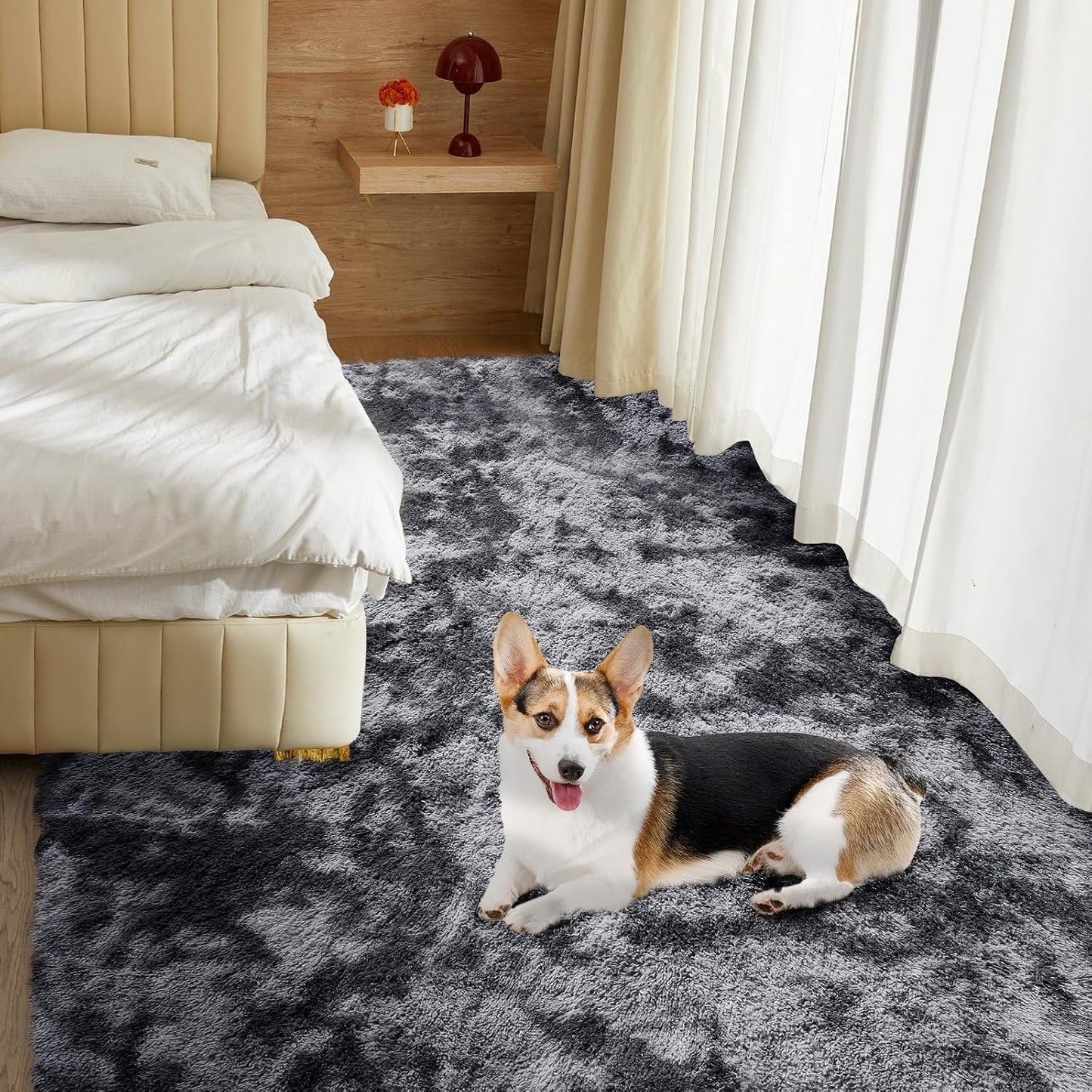 Ultra Soft Rug for Living Room, 3X5 Fluffy Shag Area Rug for Bedroom, Modern Shaggy Carpets Fuzzy Rug for Teens Dorm Nursery Home Decor Aesthetic, Upgrade Anti-Skid Durable, Tie Dye Black and Grey