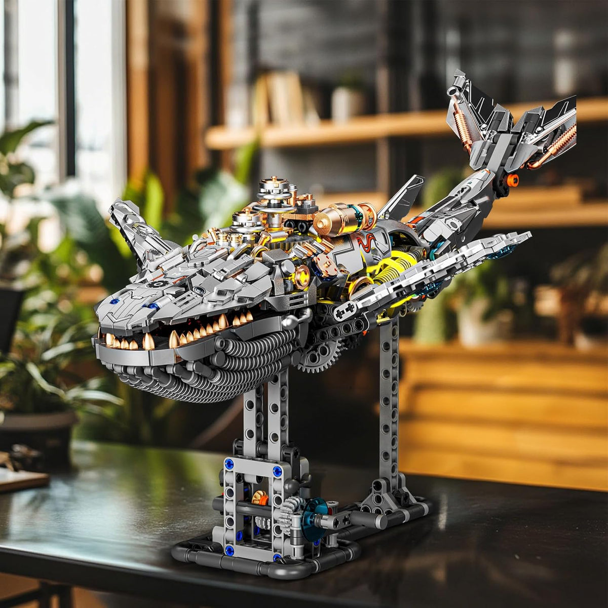 Mech Whale Building Kit with LED Lights, Compatible with Lego Shark, Creative Ocean Building Block Toys, Interactive Design, Home/Office Decor, Gift for Adult＆ Kids Age 12+