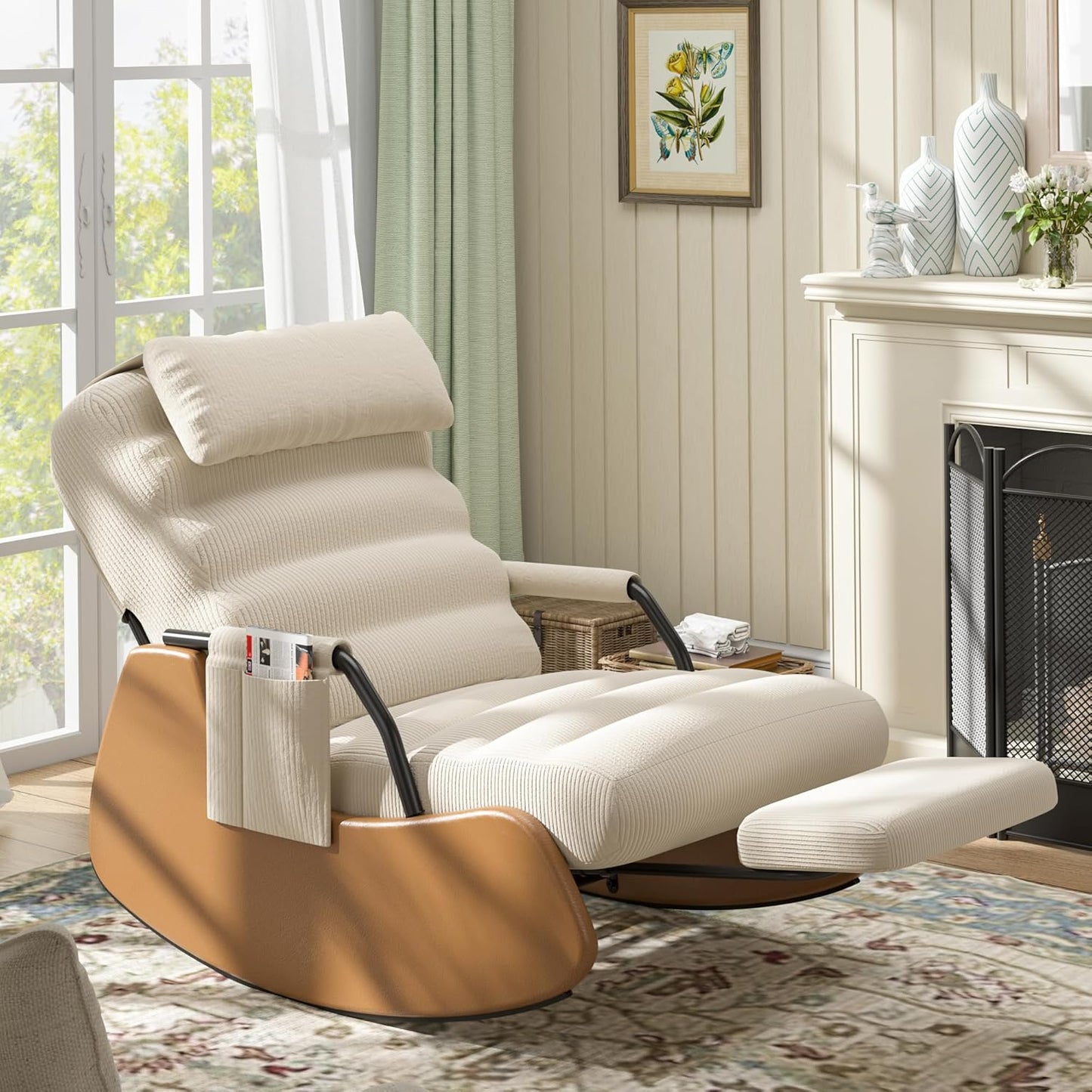Polar Aurora Nursery Rocking Chairs with Soft Seat and Headrest,Corduroy Fabric Accent Chair with Side Pocket,Glider Rocking Chair for Bedroom/Living Room/Nursery(Beige/Brown)