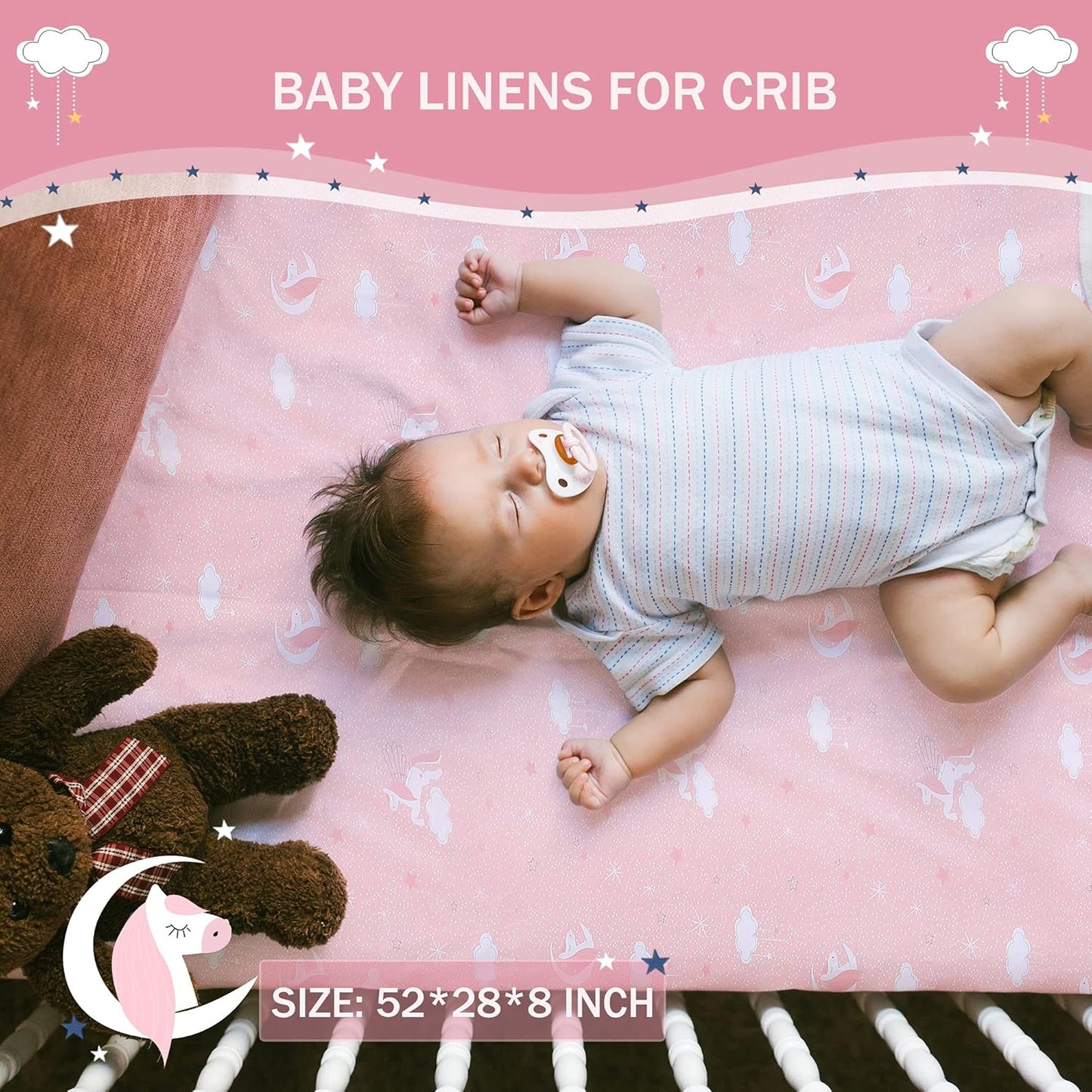 UOMNY Crib Bedding Set for Girls - Pink Baby Nursery Sets 3 Pieces Quilt Comforter Fitted Sheet Toddler Pillowcase Soft Star