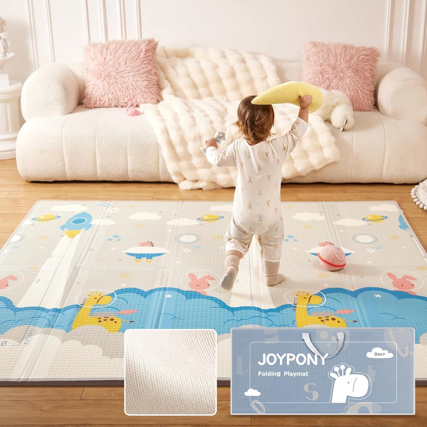 Baby Play Mat 79x71x0.6 inches, Fabric Cloth Surface Extra Large & Thick Foldable Play Mats for Baby Girls Boys, Waterproof & Anti-Slip Portable Baby Floor Mat for Tummy Time with Travel Bag