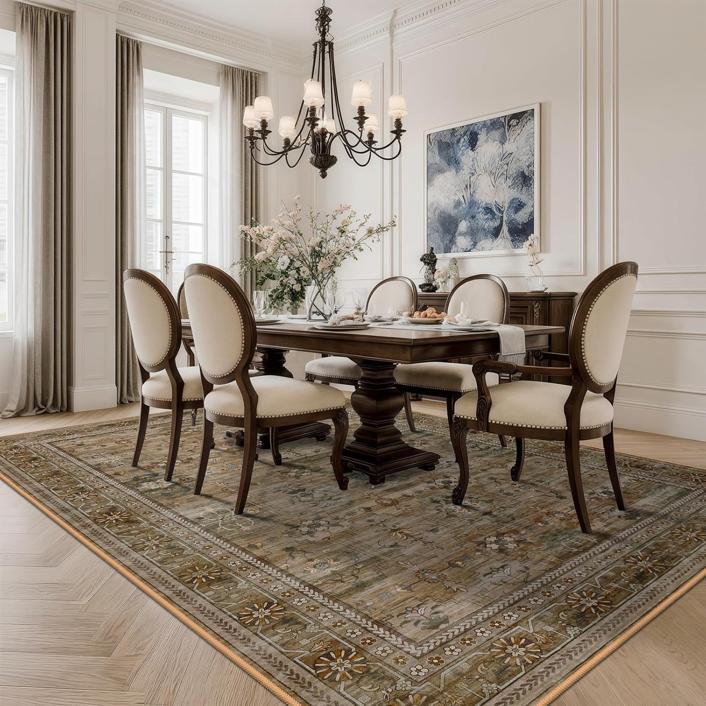 8x10 Washable Area Rug for Living Room, Non Slip Vintage Floral Print Rugs No Shedding, Distressed Thin Retro Accent Carpet for Bedroom Nursery Farmhouse Dining Room Olive/Charcoal