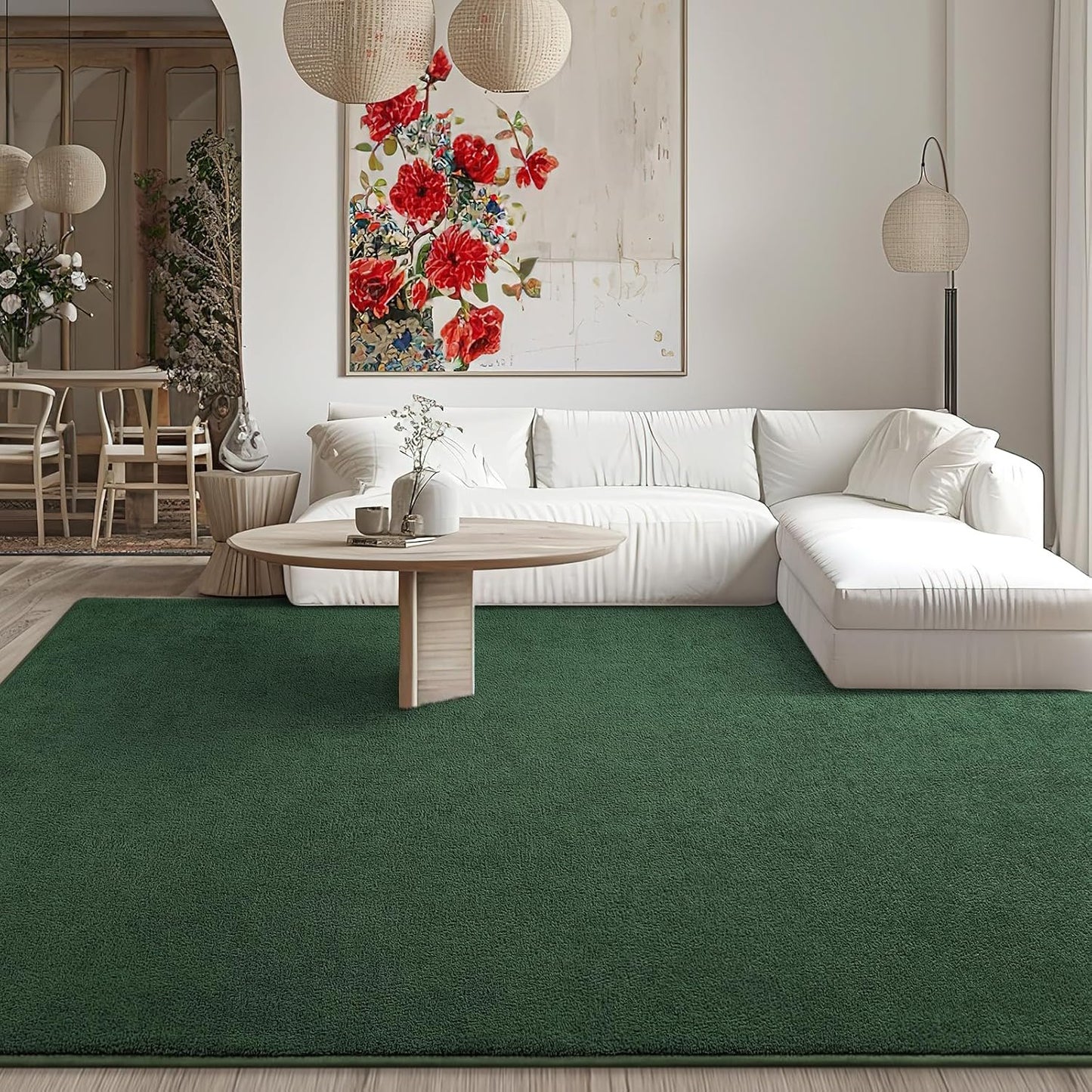 Kimicole 6x9 Washable Area Rugs for Living Room Bedroom, Large Low Pile Ulta-Thin Solid Color Rug, Non-Slip Soft Fluffy Carpet for Nursery Kids Room Dorm Room Home Decor (Dark Green)