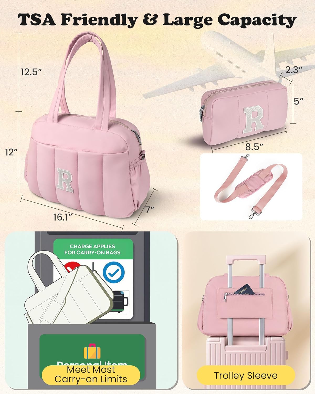 Duffle Bag for Travel, Weekender Bags for Women，Gifts for Girls, Initial Overnight Bag with Wet Pocket，Lightweight Travel Bags Personalized Gym Tote with Makeup Pouch