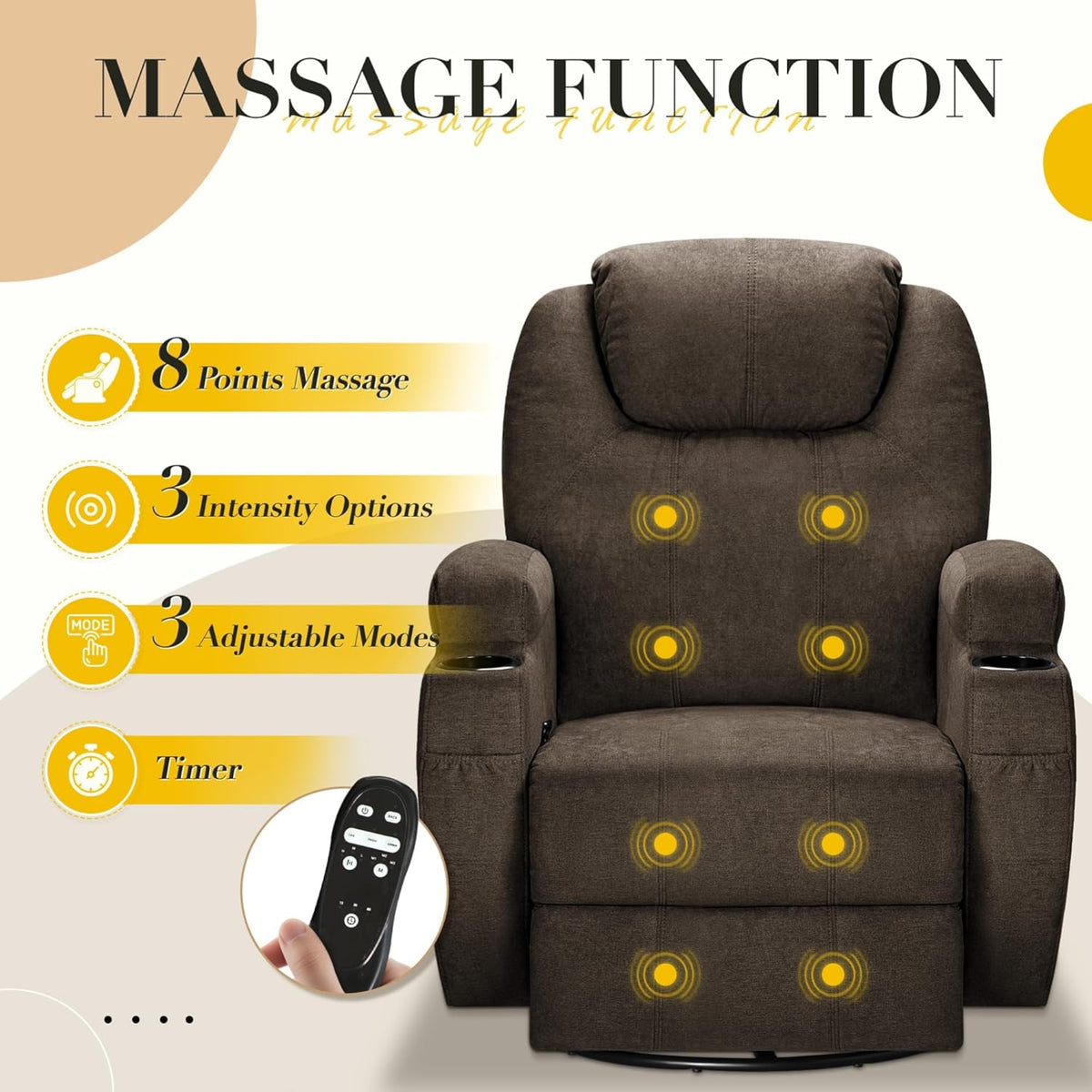Recliner Chair, 360° Swivel Rocker Chair for Adults, Rocking Recliner Chair with Massage, Comfy Single Sofa with Side Pockets Cup Holders for Living Room, Bedroom, Nursery (Fabric, Brown)