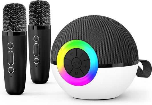 goopow Mini Karaoke Machine Speaker for Kids Adults, Portable Bluetooth Microphone Song Toys with LED Light, Best Chritmas Birthday Festival Gift for 3 4 5 6 7 8+ Year Old Girls Boys (Black-2 Mic)