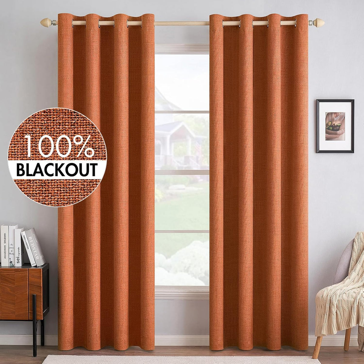 MIULEE 100% Blackout Linen Curtains for Bedroom Thermal Insulated Orange Grommet Room Darkening Curtains & Drapes Fall Decor for Living Room Nursery 52 x 84 Inch (2 Panels)