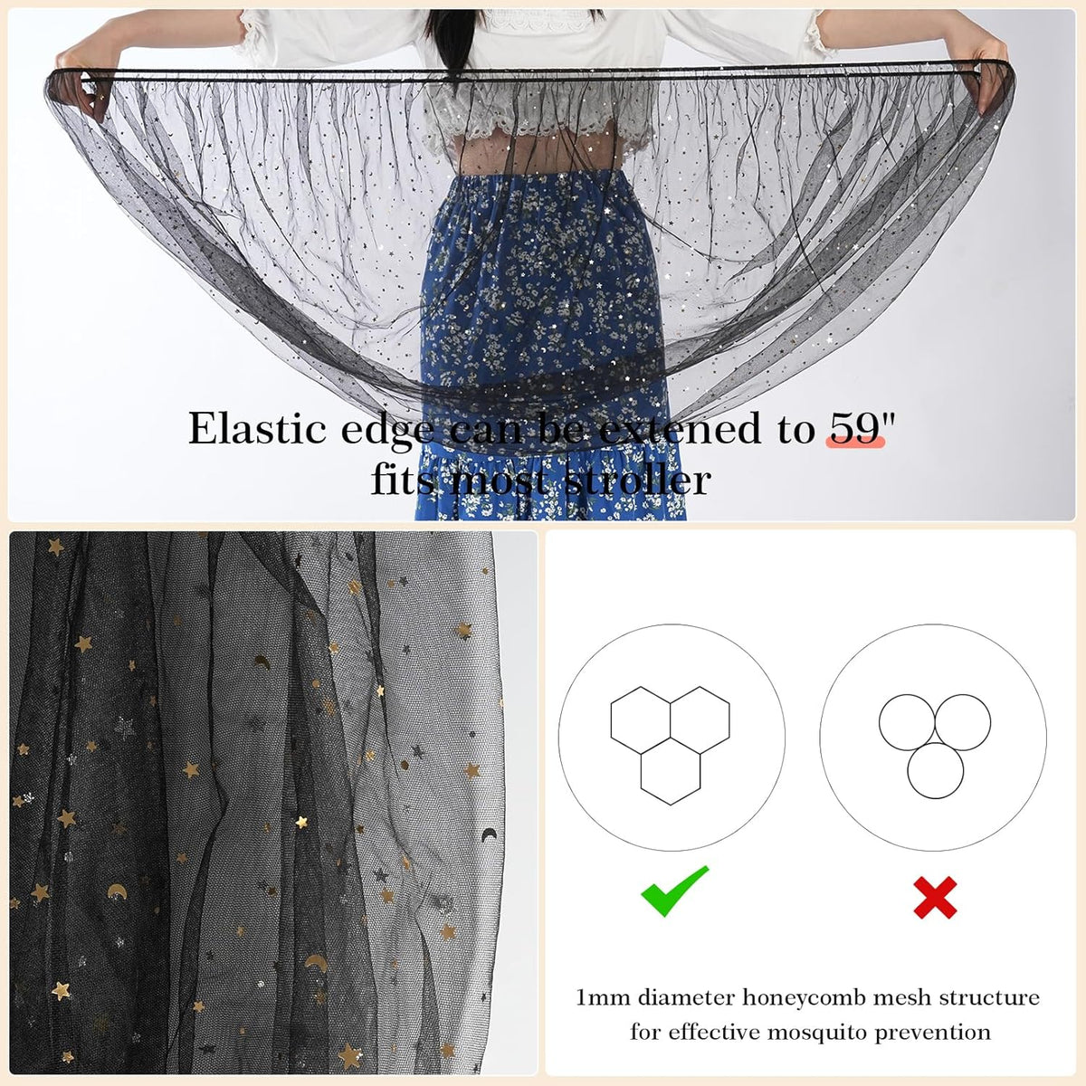 Baby Mosquito Net for Stroller, Perfect Bug Net for Stroller/Bassinets/Cradles/Playards/Pack N Plays and Portable Mini Crib, Durable Baby Insect Netting, Black Star