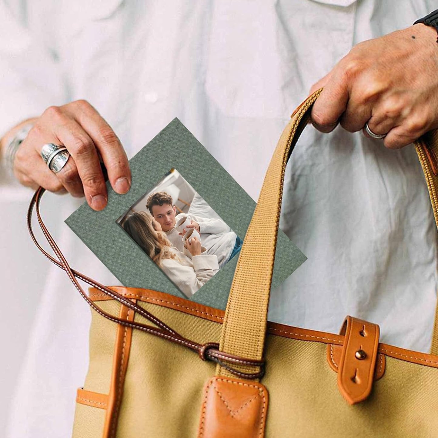 Small 4x6 Photo Album 100 Pockets Linen Cover with Front Window Portable Mini Picture Book for Family Travel Wedding and Memory Keepsake Organizer Gray Green