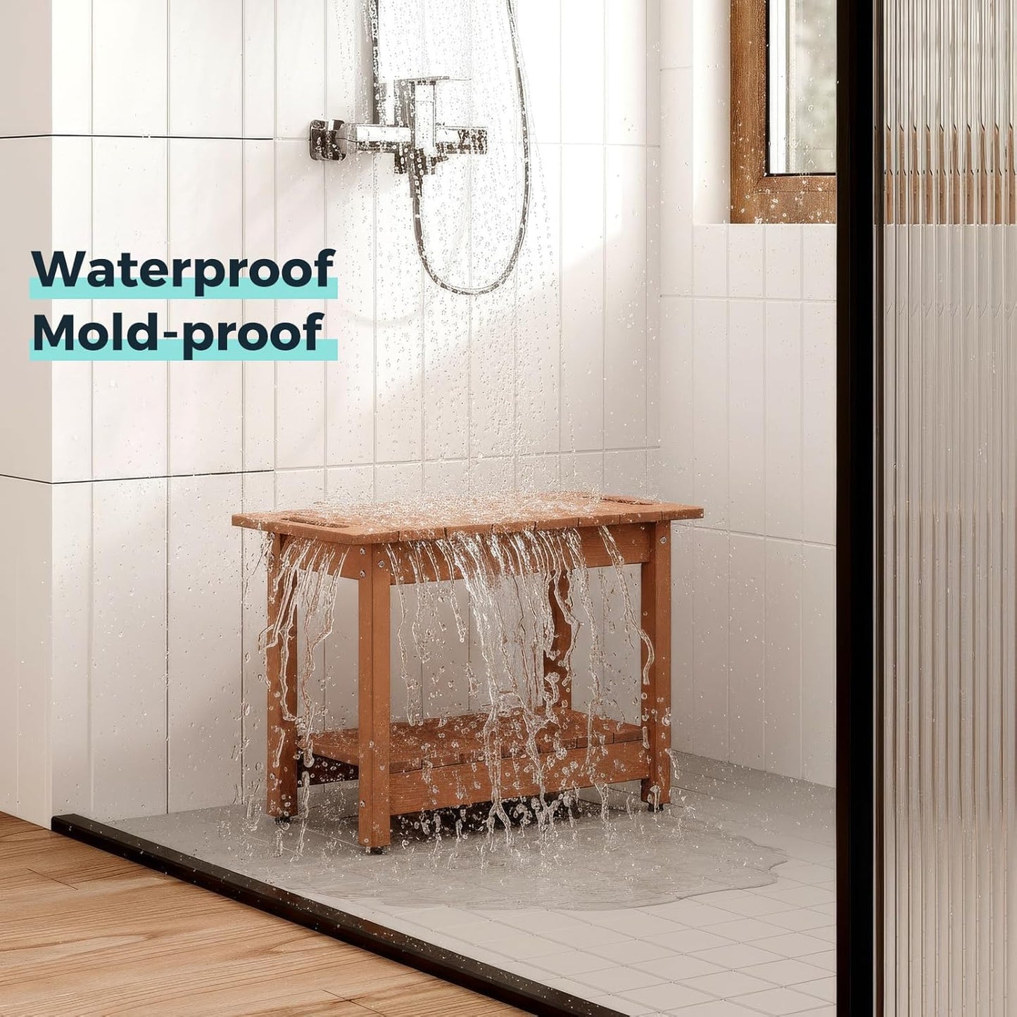 Waterproof Shower Bench, 24" Poly Lumber Shower Stool for Shaving Legs, Shower Chair Seat with Storage Shelf and Handles, Bathroom Bench for Inside Shower, Non-Slip (Brown)
