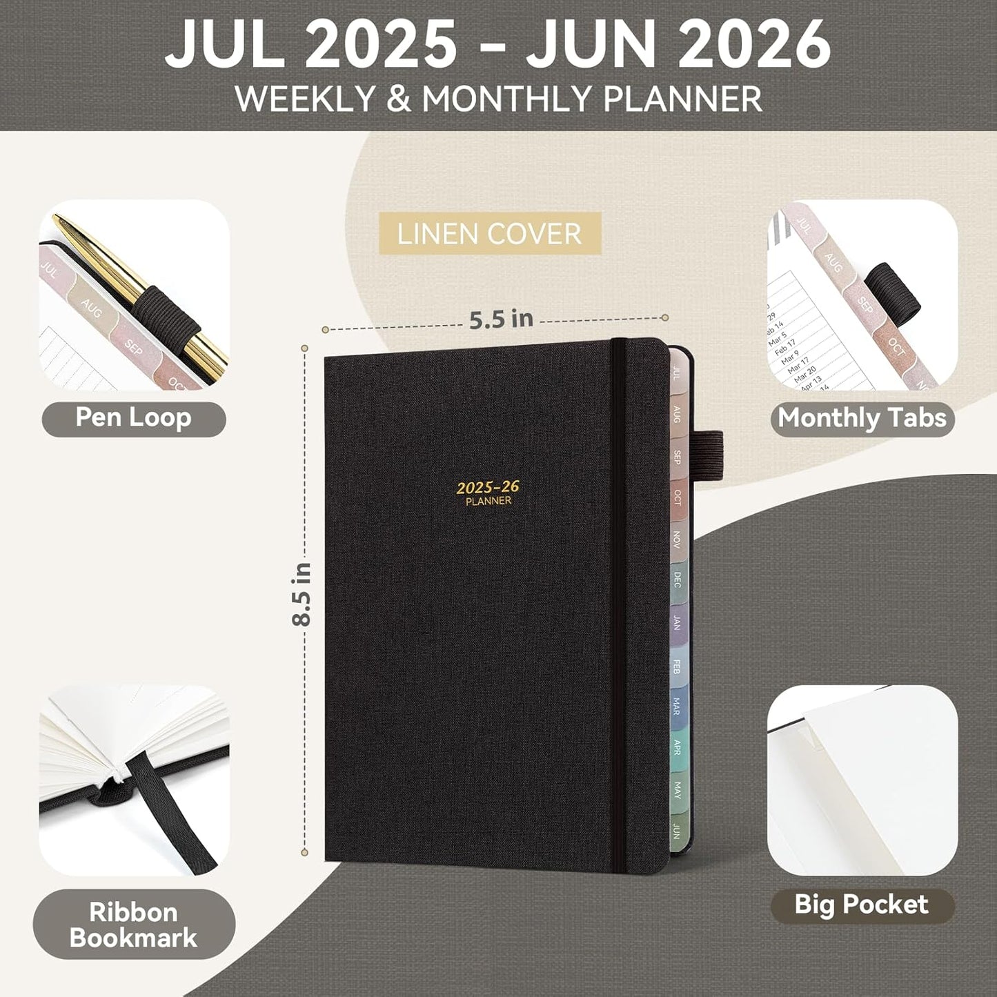 Getink 2025-2026 Linen cover Planner Weekly & Monthly Daily Agenda Book,2025-2026 To Do List Notebook with Colorful Monthly Tabs, Inner Pocket, Elastic Closure (Black,5.5 * 8.5)