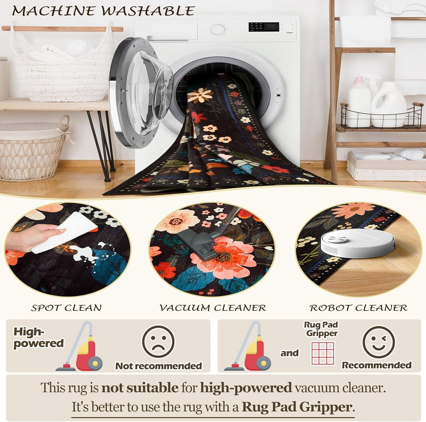 Floral 2x10 Area Rug Machine Washable Soft Print Boho Carpet Non Slip Doormat Low Pile Flower Area Rugs for Living Room Bedroom Nursery Kitchen Dining Room Indoor-Black