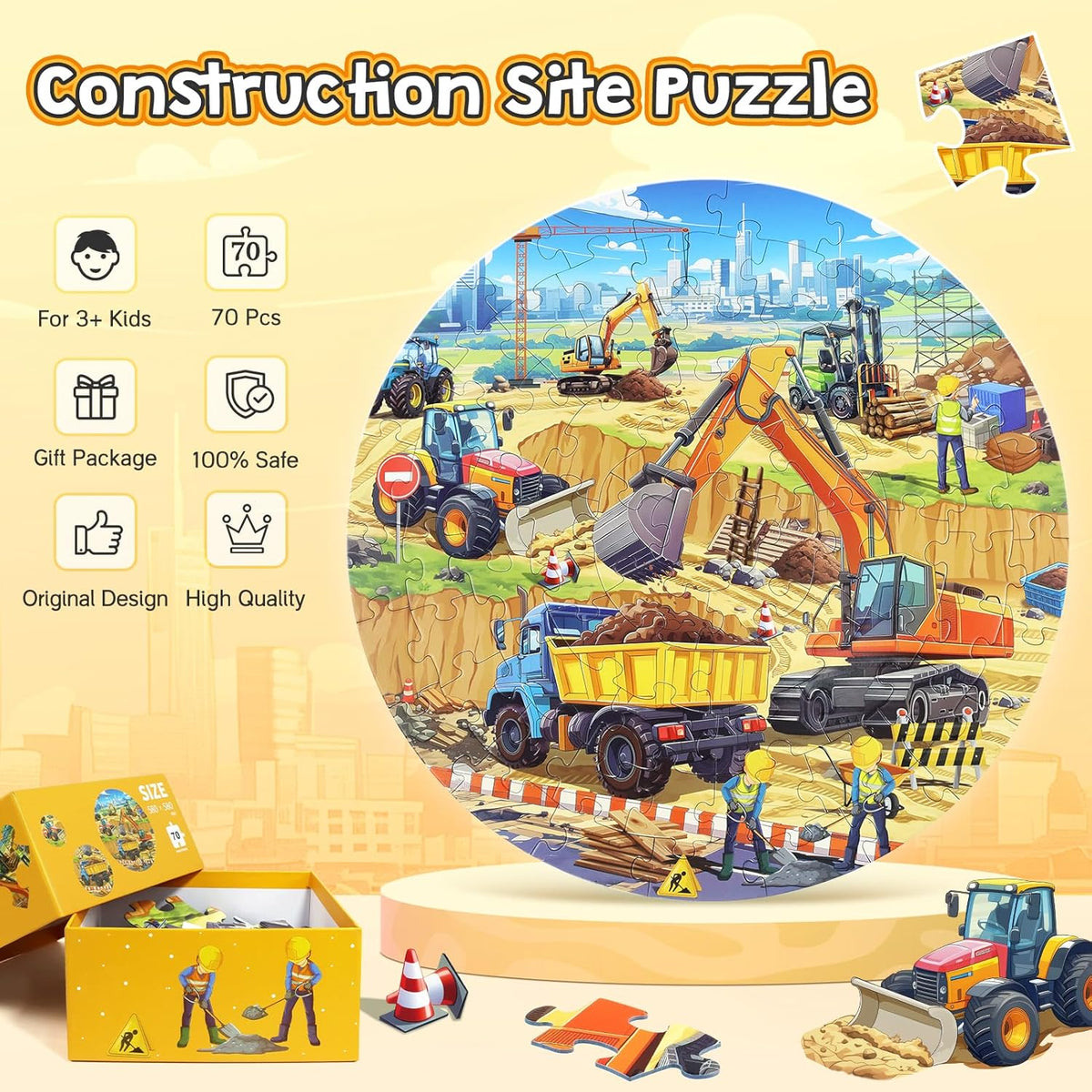Floor Puzzles for Kids Ages 3 4 5 6 7 8, 70 Piece Construction Site Jigsaw Puzzle with Excavator Bulldozer Forklift Dumper Truck, Building Site Educational Toy Gift for Boys Birthday Christmas
