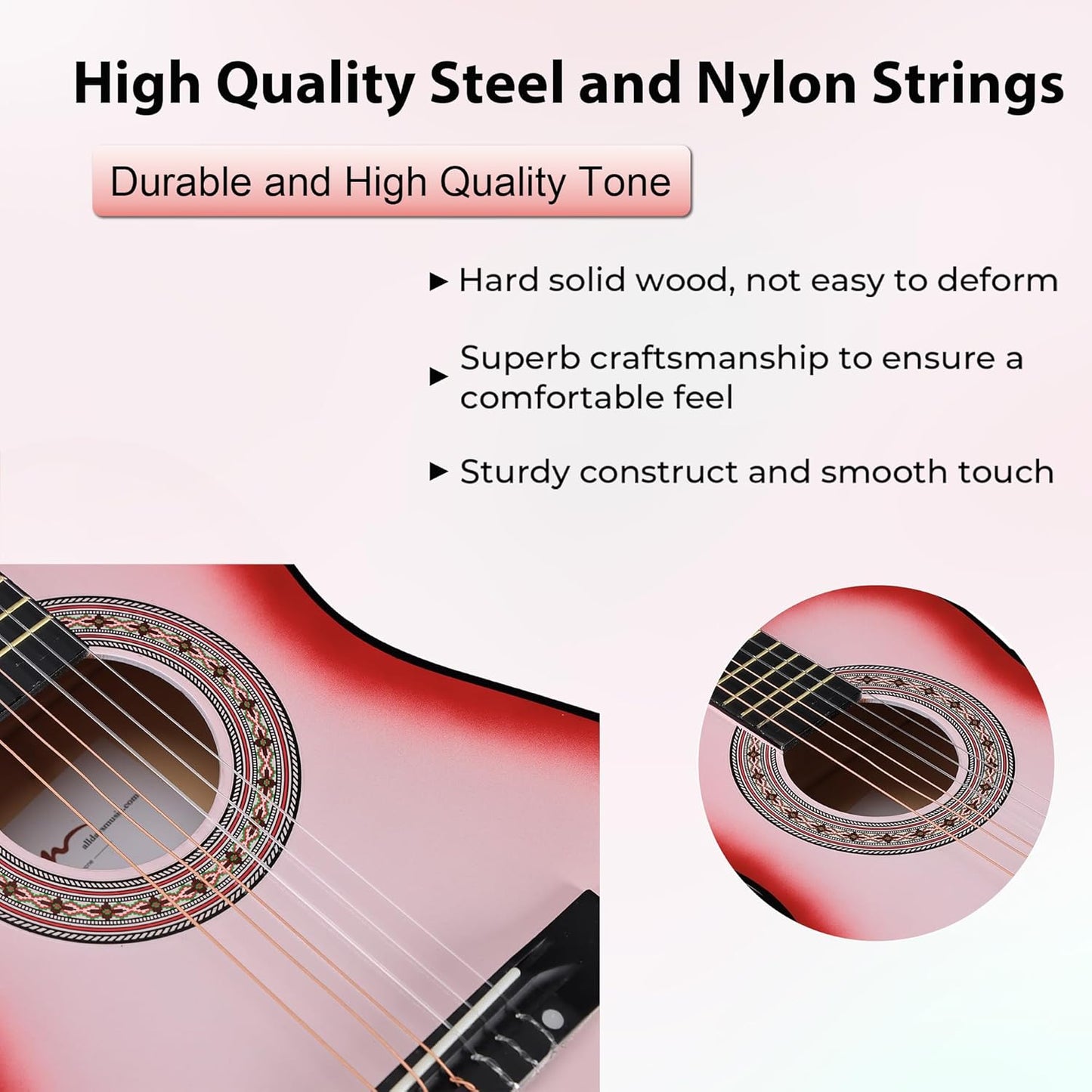 ADM Beginner Acoustic Classical Guitar 34 Inch Nylon Strings Wooden Guitar Bundle Kit for Kid Boy Girl Student Youth Guitarra Online Lessons with Gig Bag, Strap, Tuner, Strings, Picks, Pink