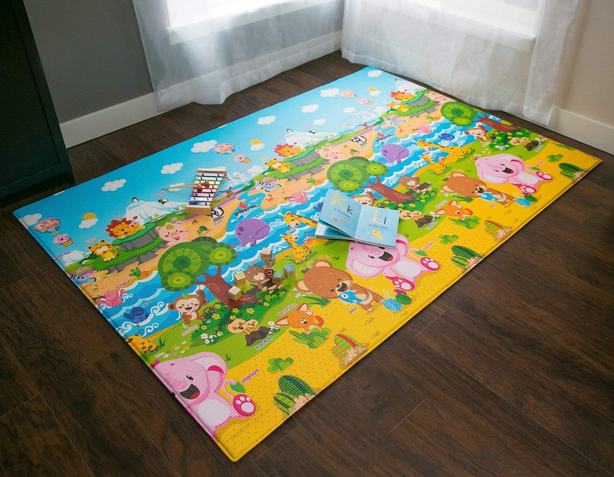 Baby Care Play Mat (Medium, Playful - Pinko & Friend) 73’’ x 49’’ Original One-Piece Reversible Rollable Waterproof Play Mat for Infants, Babies, Toddler, and Kids