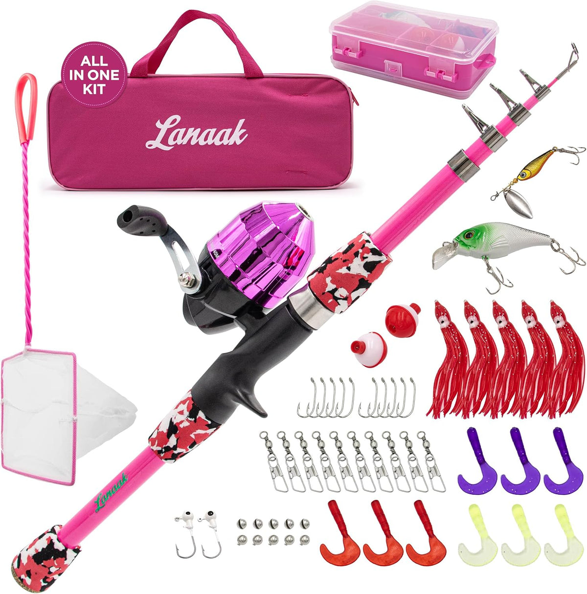 Kids Fishing Pole, Kids Portable Telescopic Fishing Rod Set, Tackle Box and Fishing Net Combo Kit, Kids Fishing Gear for Boys and Girls Age 5-10 and Youth