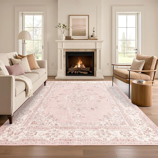6x9 Area Rugs Washable: Oriental Soft Area Rug for Living Room Bedroom No Shedding - Low Pile Thin Carpet Rug for Dining Room Non Slip - Boho Vintage Rug for Home Decor - Soft Pink