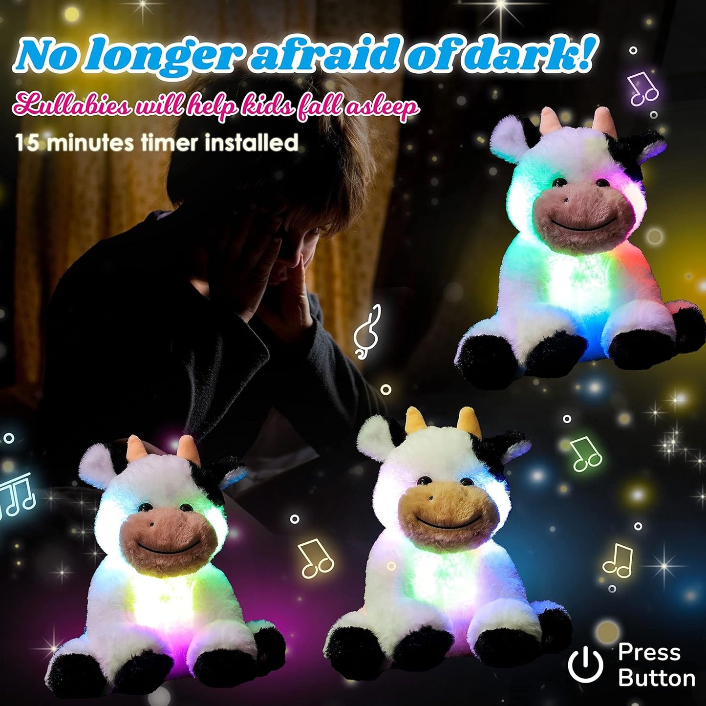 Cuteoy Glowing LED Cow Light-up Nightlight Toys Musical Plush Stuffed Animal Soft Singing Lullabies Birthday Christmas Plushies Gifts for Kids Boys Girls,10"