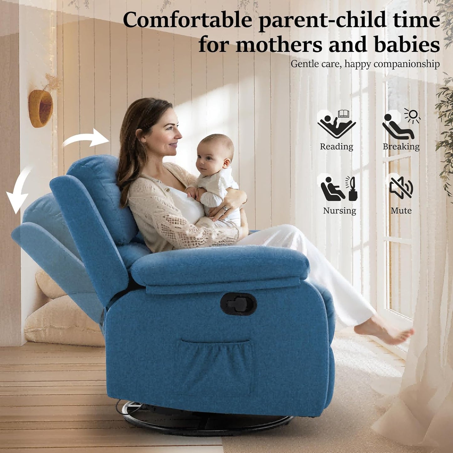 Recliner Chair, 360 Swivel Rocker Chair for Adults, Small Rocking Recliner Chair for Small Spaces, Upholstered Fabric Glider Recliner Nursery Chair with Side Pockets for Living Room, Nursery