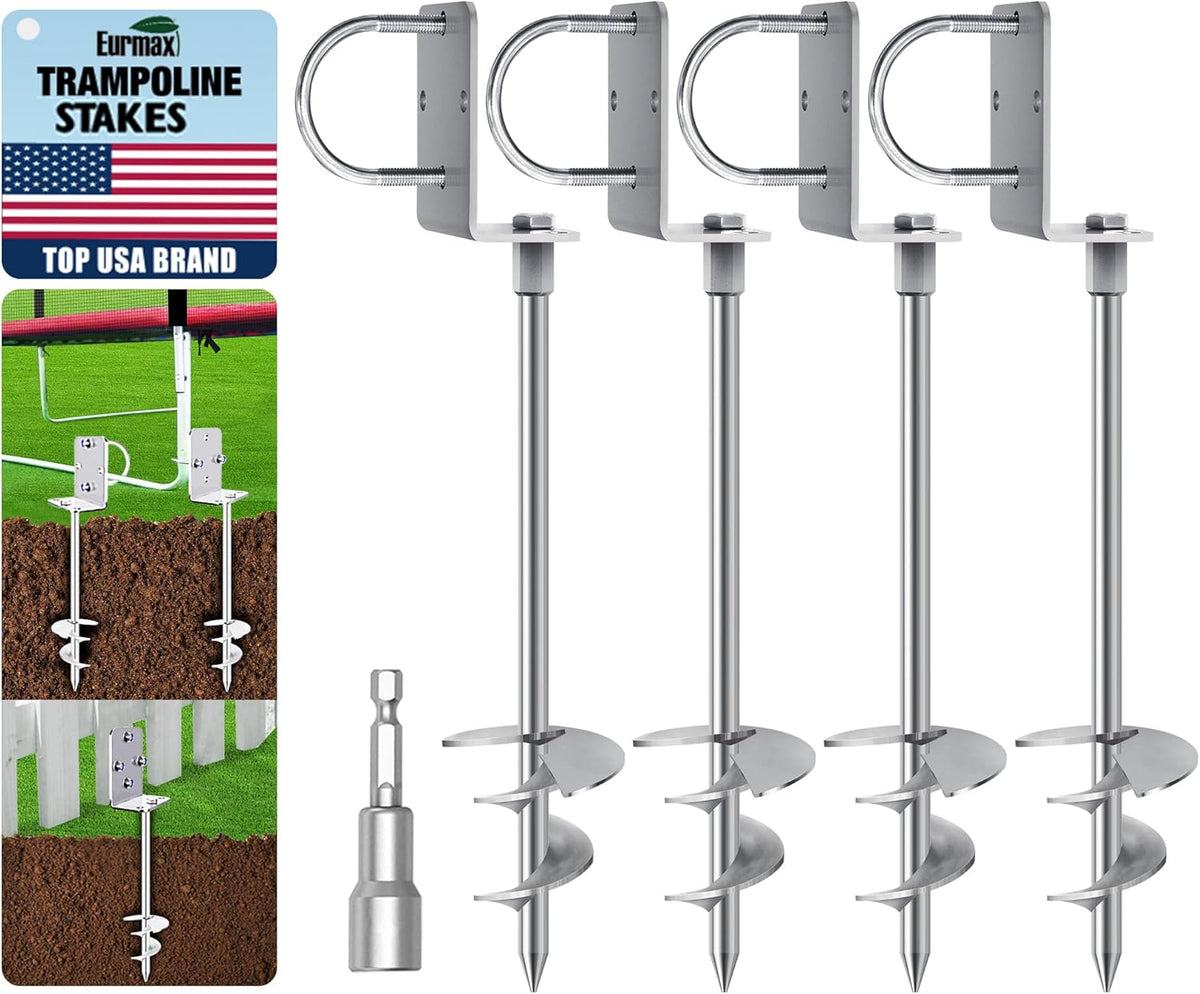 Eurmax USA Ground Anchors Heavy Duty Adjustable L-Shaped Head Shed Tent Stakes Trampoline Anchors, Trampoline Stakes for Sheds,Swing Sets,Mobile Home,Carports Set of 4(Silver)
