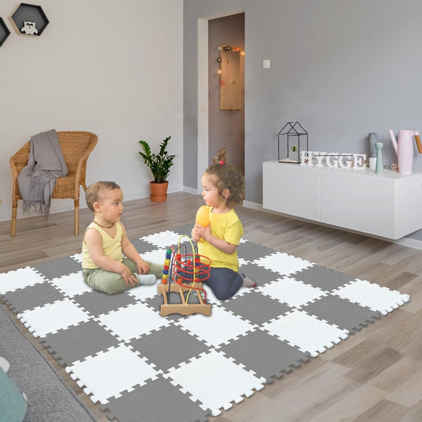 qqpp EVA Rubber 18 Tiles Interlocking Puzzle Foam Floor Mats - Baby Play Mat for Playing | Exercise Mat for Home Workout. White, Gray. QC-ALb18N