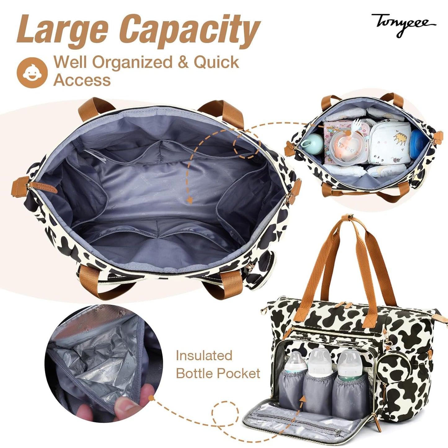 Diaper Bag Tote, Large Baby Diaper Bags for Travel, Hospital Bag for Labor Delivery with Pacifier Case, Changing Pad, Shoulder Strap, Cow Print