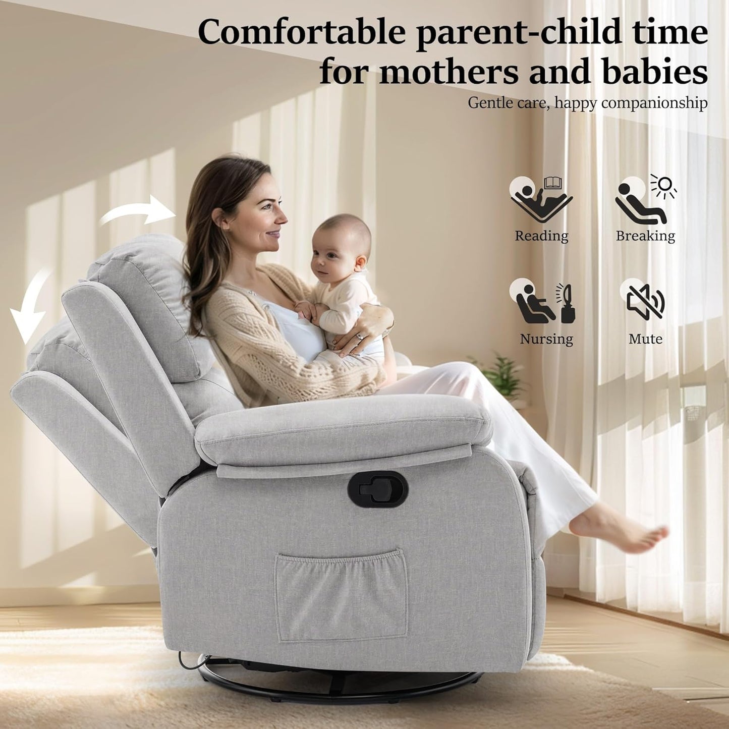 Recliner Chair, 360 Swivel Rocker Chair for Adults, Small Rocking Recliner Chair for Small Spaces, Upholstered Fabric Glider Recliner Nursery with Side Pockets for Nursery, Living Room