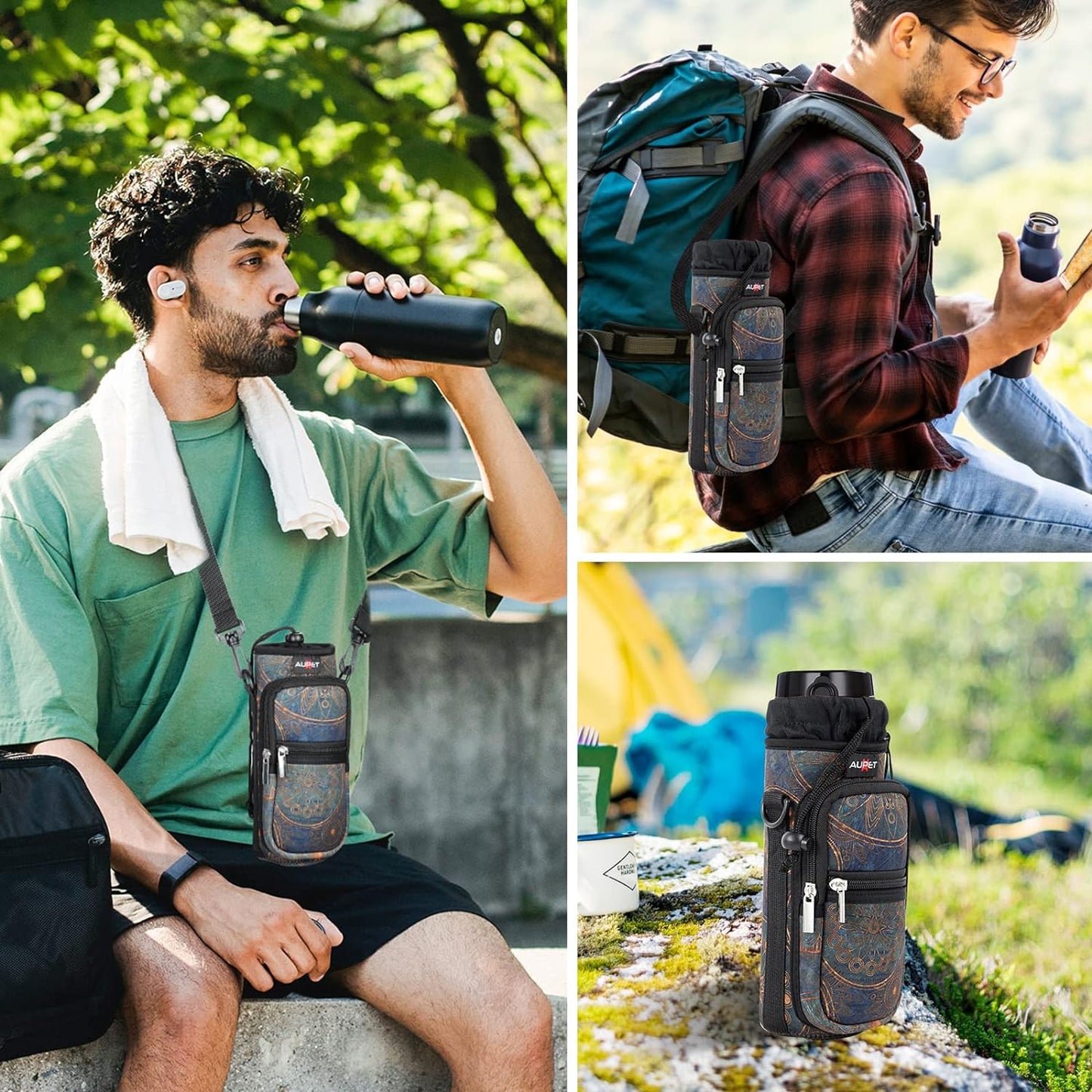 AUPET Water Bottle Sling Bag Sleeve Holder Carrier 25/32/40/64 oz,Insulated Crossbody Water Bottle Case Cover with Strap and Pockets for Men/Women Walking Hiking