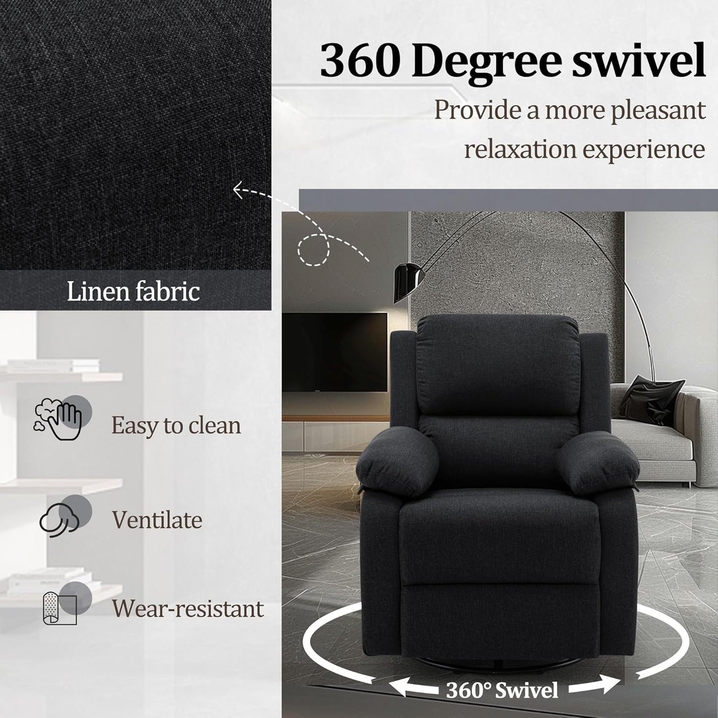Recliner Chair, 360 Swivel Rocker Chair for Adults, Small Rocking Recliner Chair for Small Spaces, Upholstered Fabric Glider Recliner Nursery Chair with Side Pockets for Living Room, Nursery