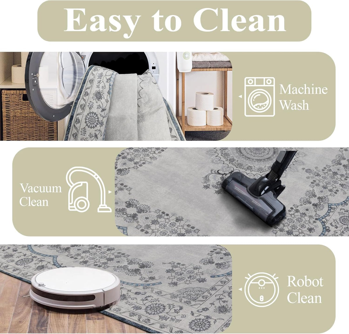 Washable Rugs 5x7 Area Rugs for Living Room, Thin Carpet for Bedroom, Soft Faux Wool Retro Dining Room Rug，Non Slip&Non-Shedding Resistant Low Pile Vintage Print Rug for Home Office (Grey/Blue)