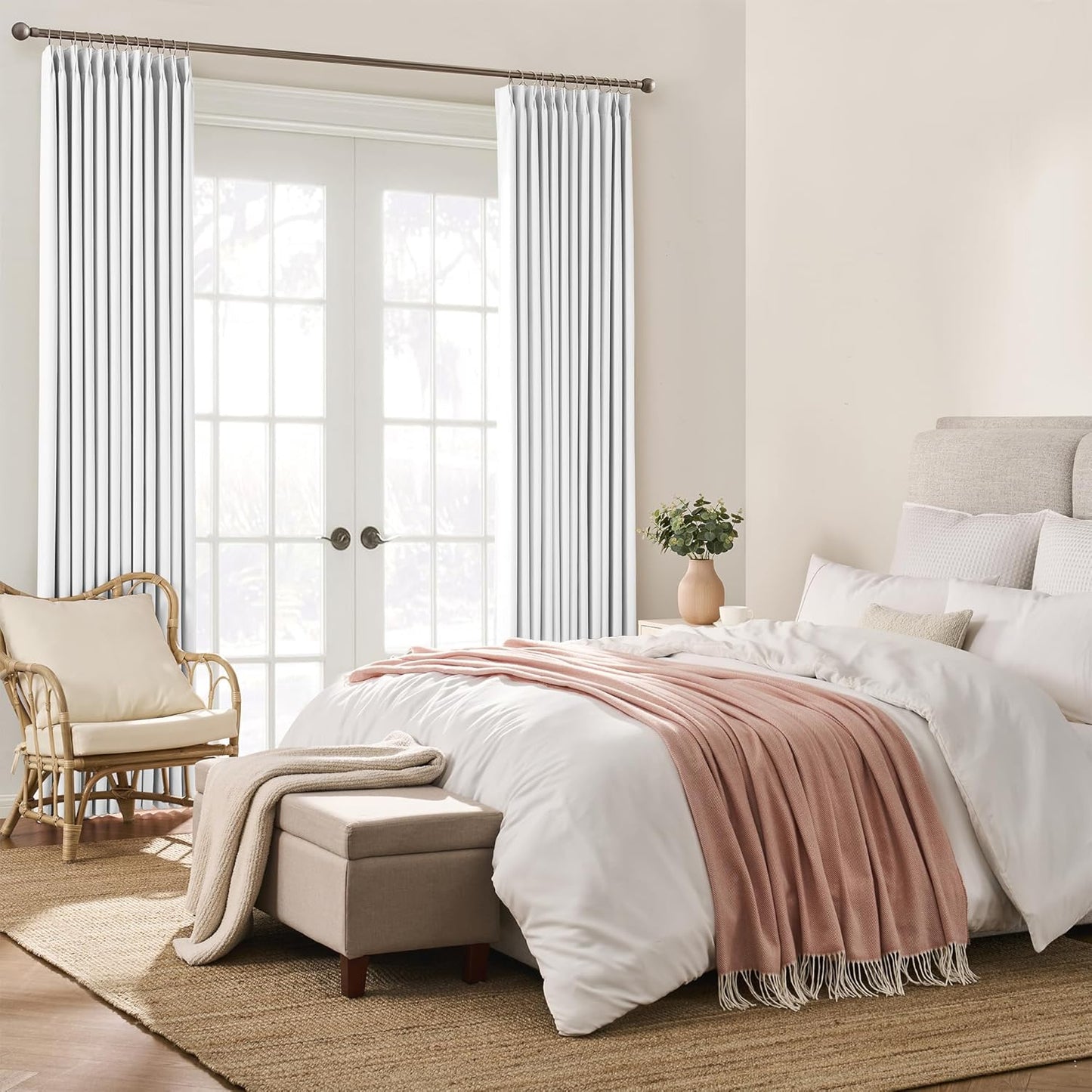 KEQIAOSUOCAI Pleated White Curtains 63 Inches Long,Half Blackout Room Darkening Short Window Curtain 63 Inch Length 2 Panel Set,Pinch Pleated Curtains with Hooks,40 by 63,Set of 2