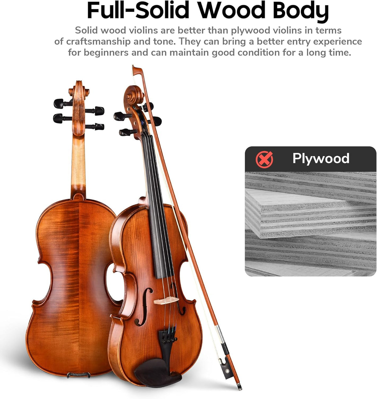 AW Solid Wood Violin 4/4 Full Set with Case & Bow Rosin Shoulder Rest Fiddle Matte Stradivari Copy Style for Beginner Student Adults Starter Kit