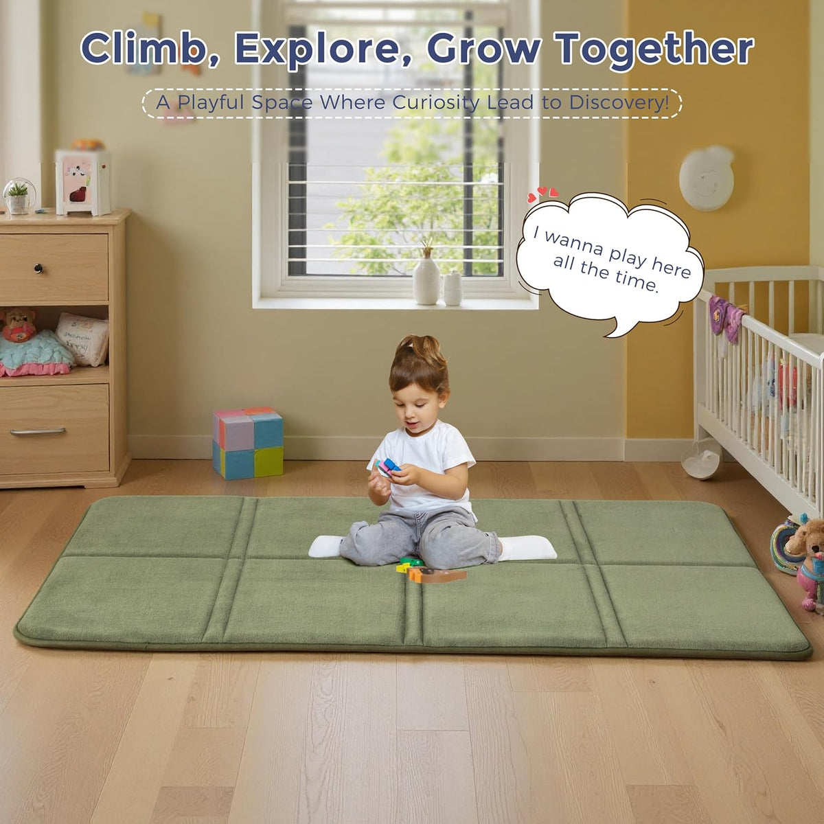 MAXYOYO 1.2" Thick Baby Play Mat for Floor, 36"x60" Foldable Playpen Mat, Tummy Time Foam Mats Ultra Soft Support, Padded Carpet with Non-Slip Backing for Infant,Kids and Toddler Crawling, Green