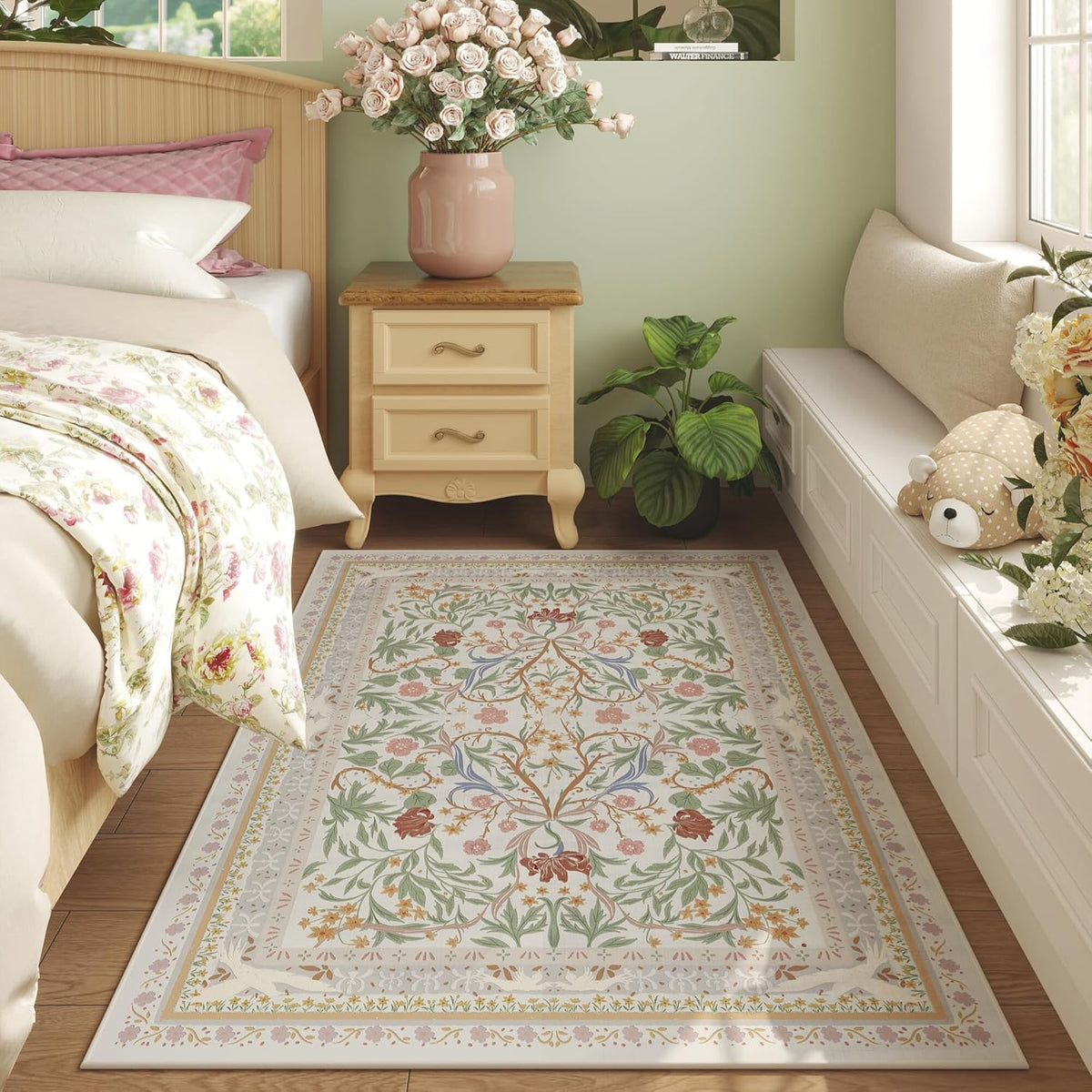 Bedroom Rug 3x5 Rug Washable Area Rug Non Slip Low Pile Vintage Floral Botanical Small Carpet for Bedroom, Bedside, Kitchen, Entryway, Kids Room, Office, Beige
