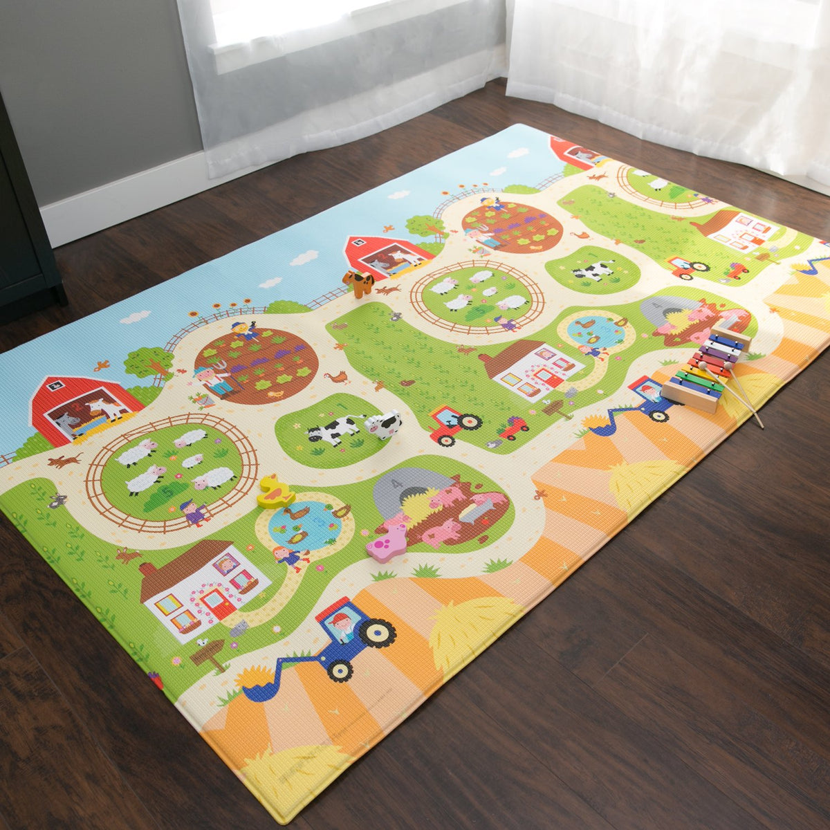 Baby Care Play Mat (Medium, Playful - Busy Farm) 73’’ x 49’’ Original One-Piece Reversible Rollable Waterproof Play Mat for Infants, Babies, Toddler, and Kids