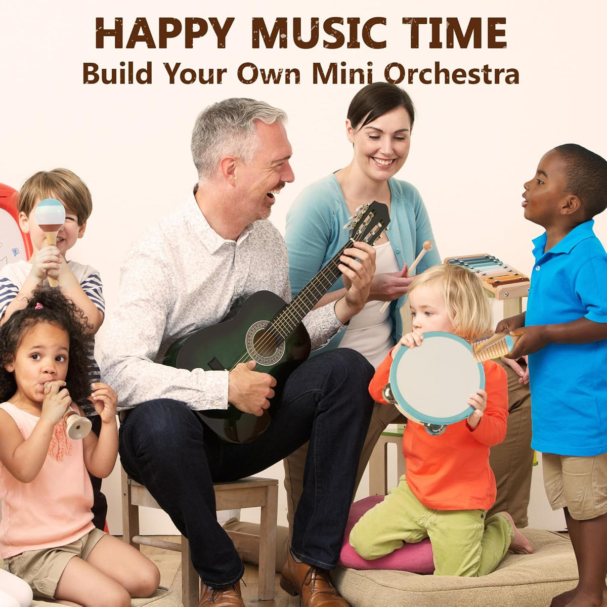 Baby Musical Instruments | Montessori Wooden Toys for Toddlers, Neutral Color Percussion Instruments Set with Modern Boho Xylophone Tambourine, Educational Musical Toys for Boys Girls 3+