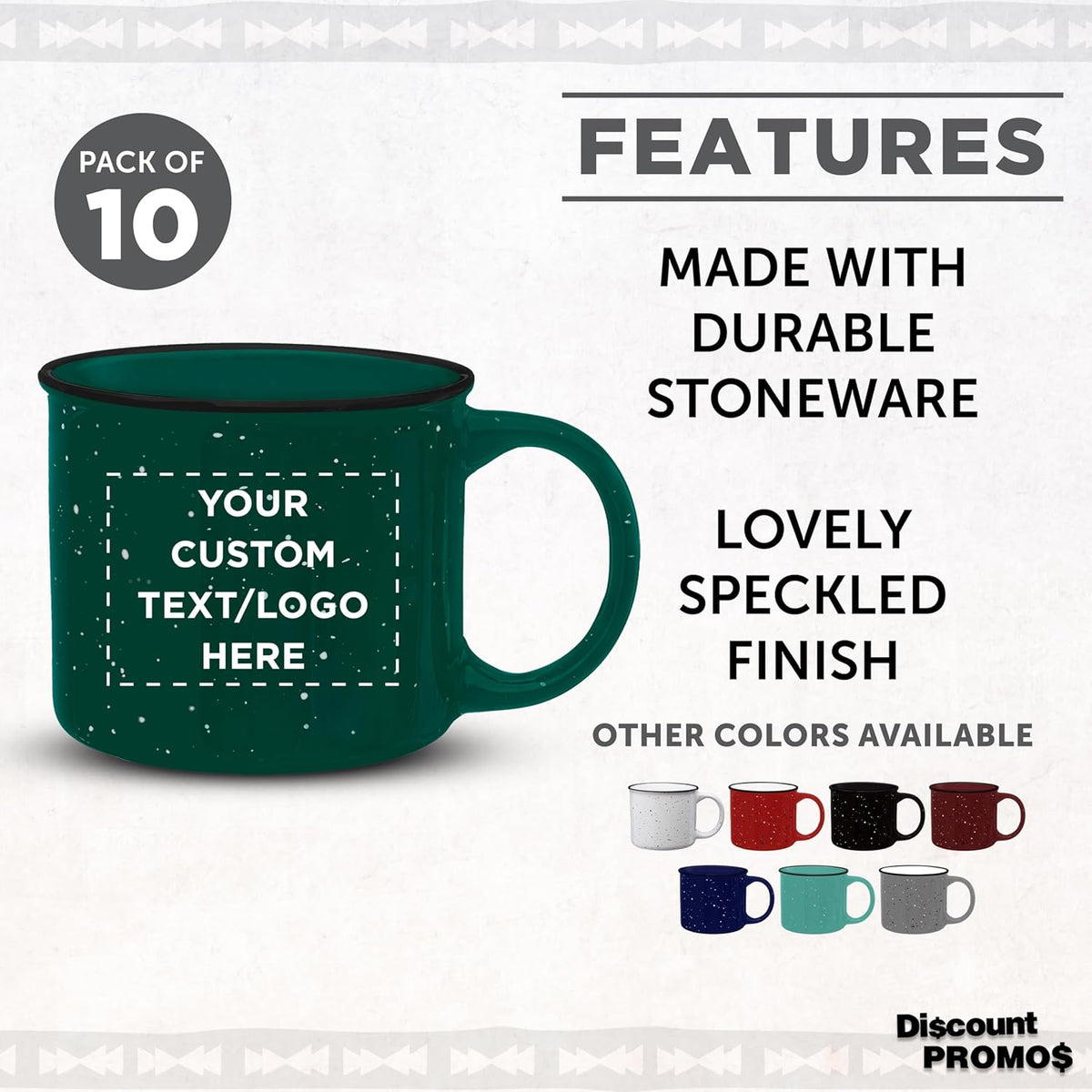 DISCOUNT PROMOS Custom Ceramic Campfire Coffee Mugs 13 oz. Set of 10, Personalized Bulk Pack - Perfect for Tea, Espresso, Cappuccino, Hot Cocoa - Green
