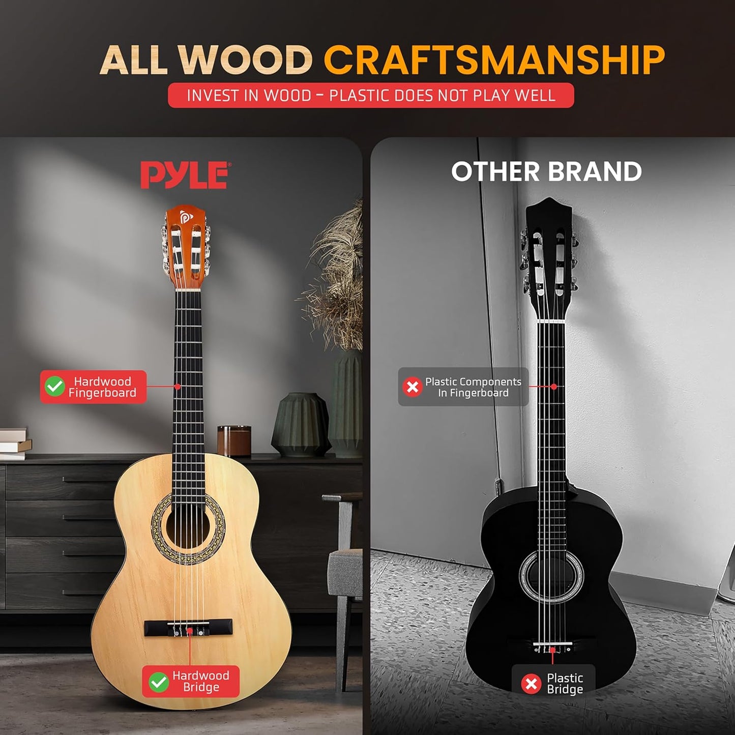 Pyle Beginner Acoustic Guitar Kit, 1/2 Junior Size All Wood Instrument for Kids, Adults, 34" Natural Ash
