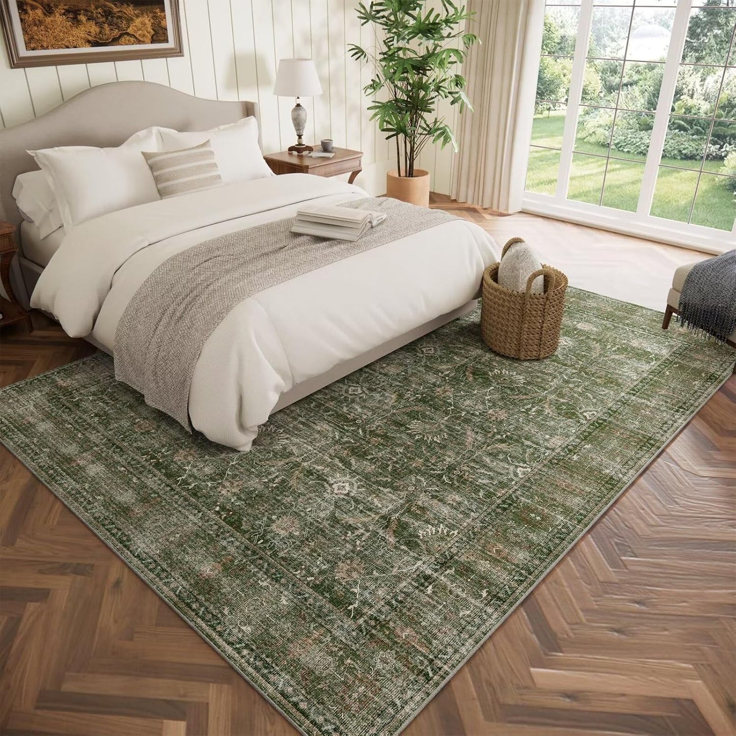 Washable 6x9 Area Rugs for Living Room, BoHo Non-slip Silicone Backing Large Rug for Bedroom Dining Room Nursery Office, 0.3" Neutral Oriental Throw Carpet with 0.16" Cushioning Pad, Grass Green/Multi