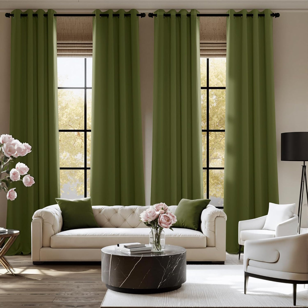 NICETOWN Olive Green Curtains for Living Room 84 inches Long 2 Panels, Thermal Grommet Curtains for Living Room, Noise Reducing Privacy Window Treatment Shades for Nursery, Laundry Patio, W52