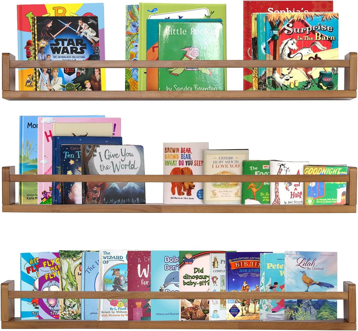 AZSKY Light Walnut Nursery Book Shelves 36 in Floating Wall Mounted Bookshelf Kids Room Hanging Shelves Toddlers Toys Books Storage Organizer a Set of 3