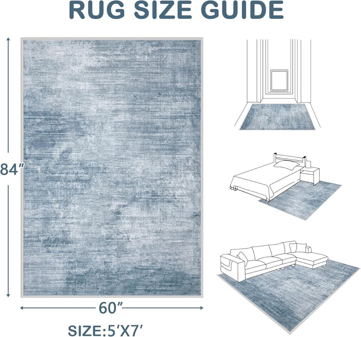 Area Rugs 5x7 Living Room: Washable Rug Modern Abstract Large Rugs Soft Non Slip Neutral Rug Stain Resistant Indoor Carpet for Bedroom Kitchen Dining Room Table Nursery Home Office Rugs(Blue,5'x7')