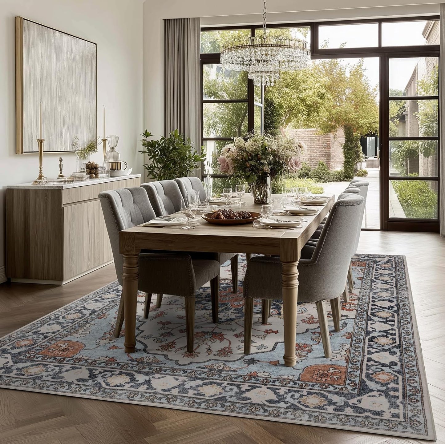 4x6 Washable Area Rug for Living Room, Carpet for Bedroom, Soft Faux Wool Retro Dining Room Rug, Non Slip&Non-Shedding Resistant Low Pile Vintage Print Rug for Home Office (Blue/Gray)