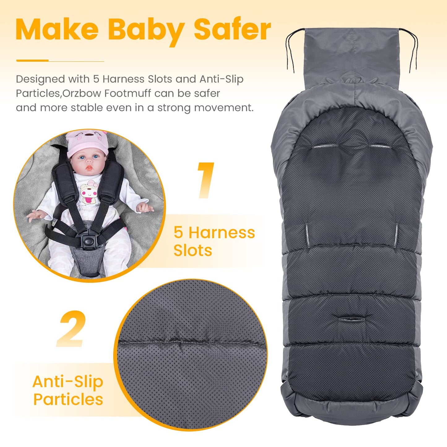 Orzbow Warm Bunting Bag Universal,Stroller Sleeping Bag Cold Weather,Waterproof Toddler Footmuff (Grey, Large)