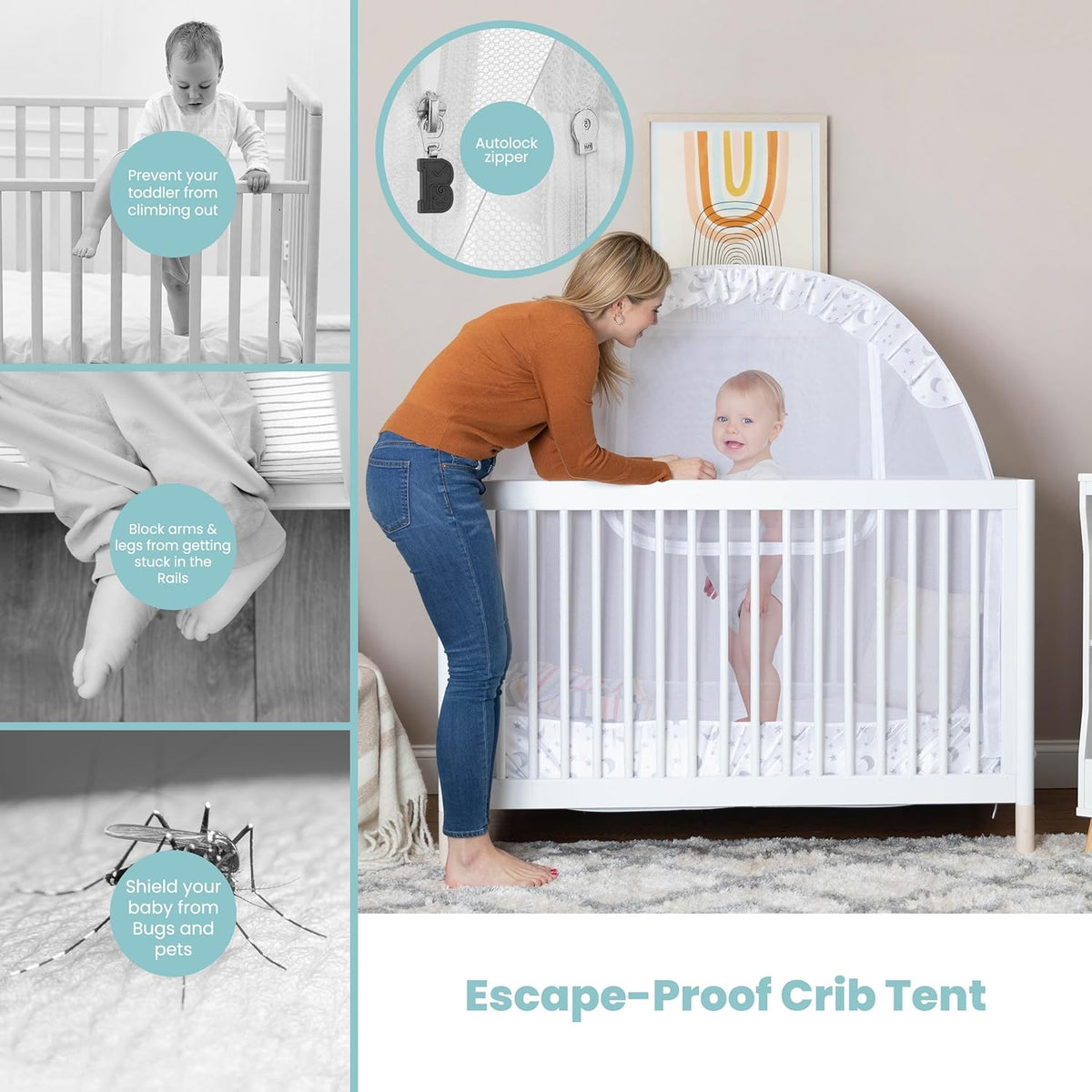 Premium Pop Up Crib Tent, Crib Cover to Keep Baby from Climbing Out, Prevent Falls and Mosquito Bites, Safety Net Canopy - Sturdy & Stylish Infant Topper, Mosquito Net